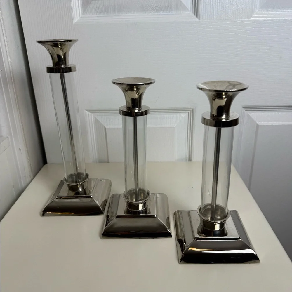 Pottery Barn Amelia Glass & Chrome Candlestick Holder Set of 3 Candle Holders